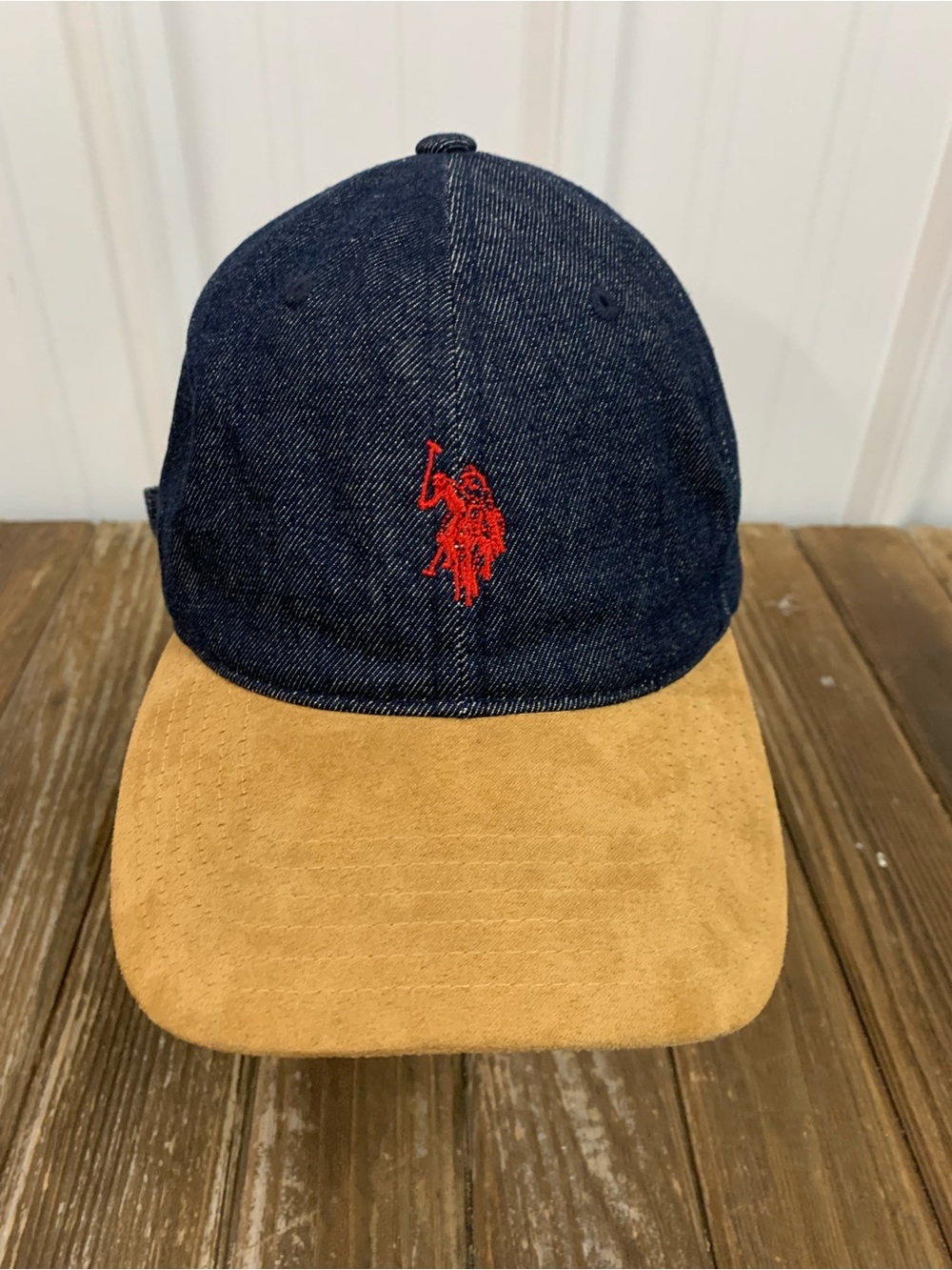 Polo by Ralph Lauren Navy Denim Cap with Tan Suede Brim and Red Logo